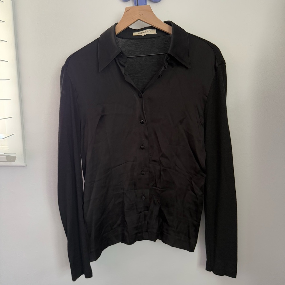 Iceberg 44 US Medium Large Button Up Long Sleeve Shirt Black Virgin Wool Office